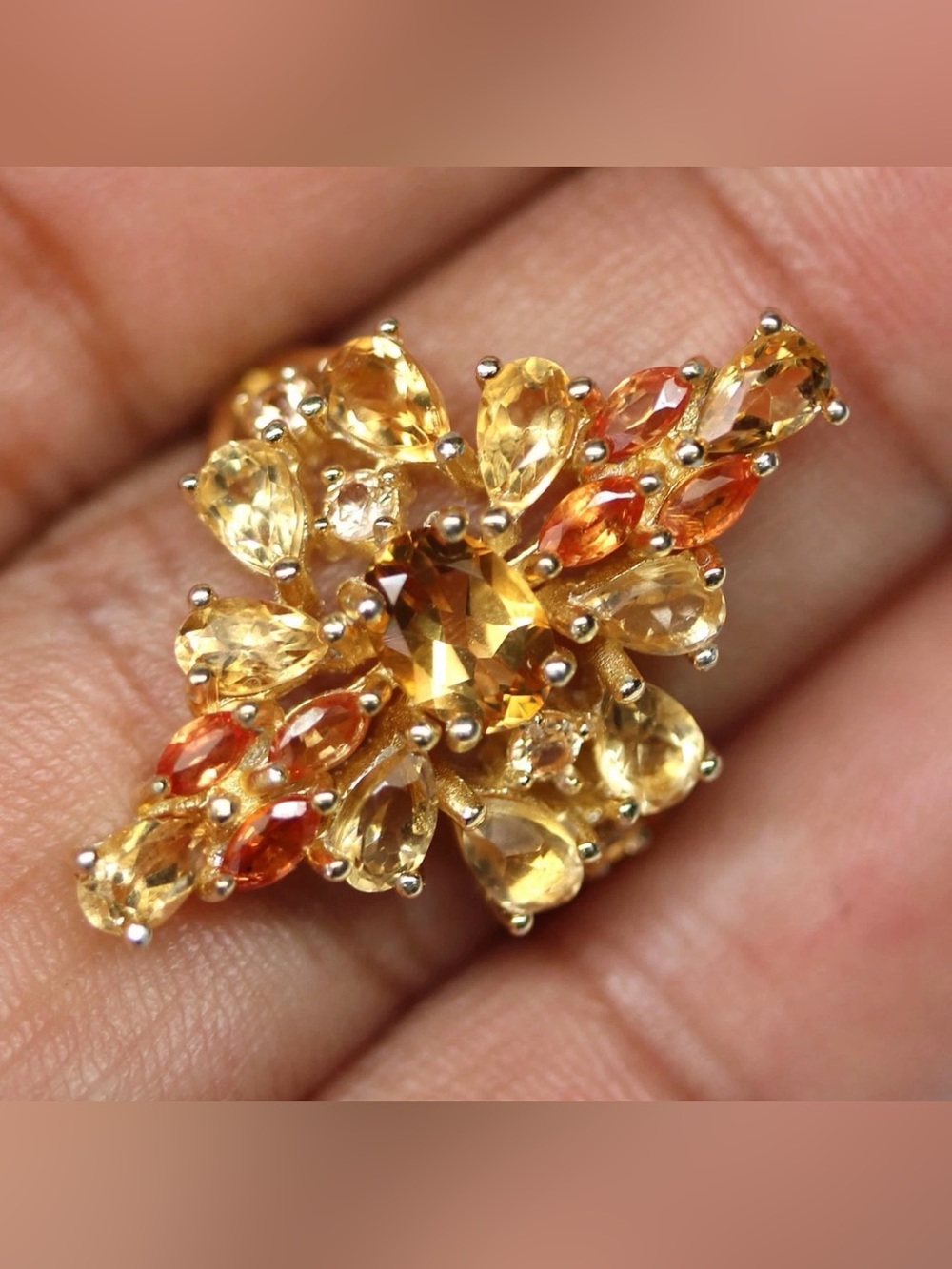 Natural Golden Citrine & Orange Sapphire 18K Gold plated 925 Sterling Ring Sz 7